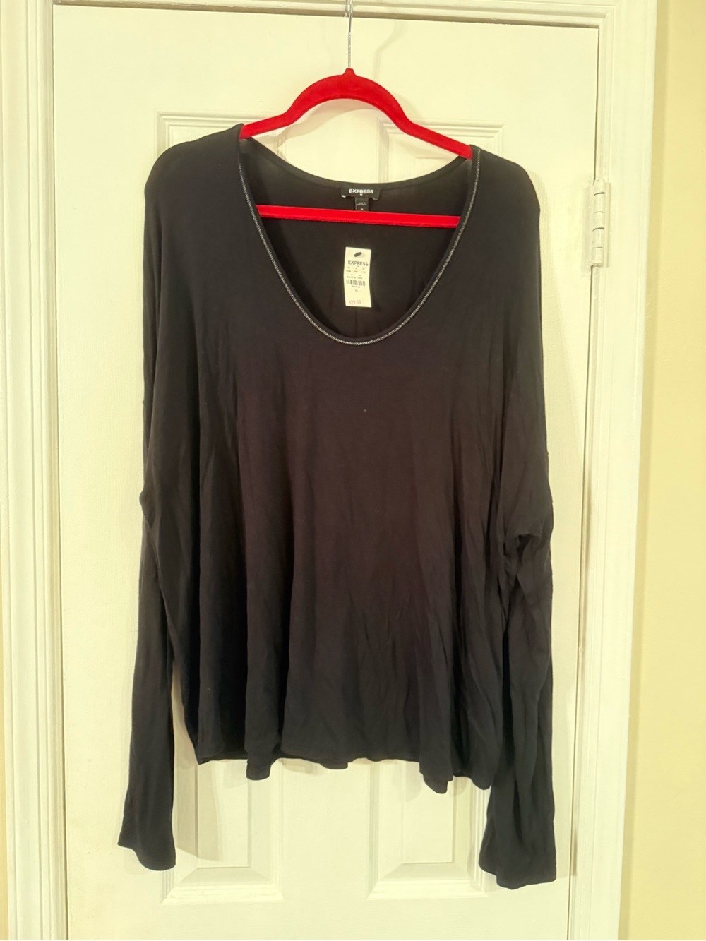 Express Black Long Sleeve Scoop Neck Top with Subtle Trim